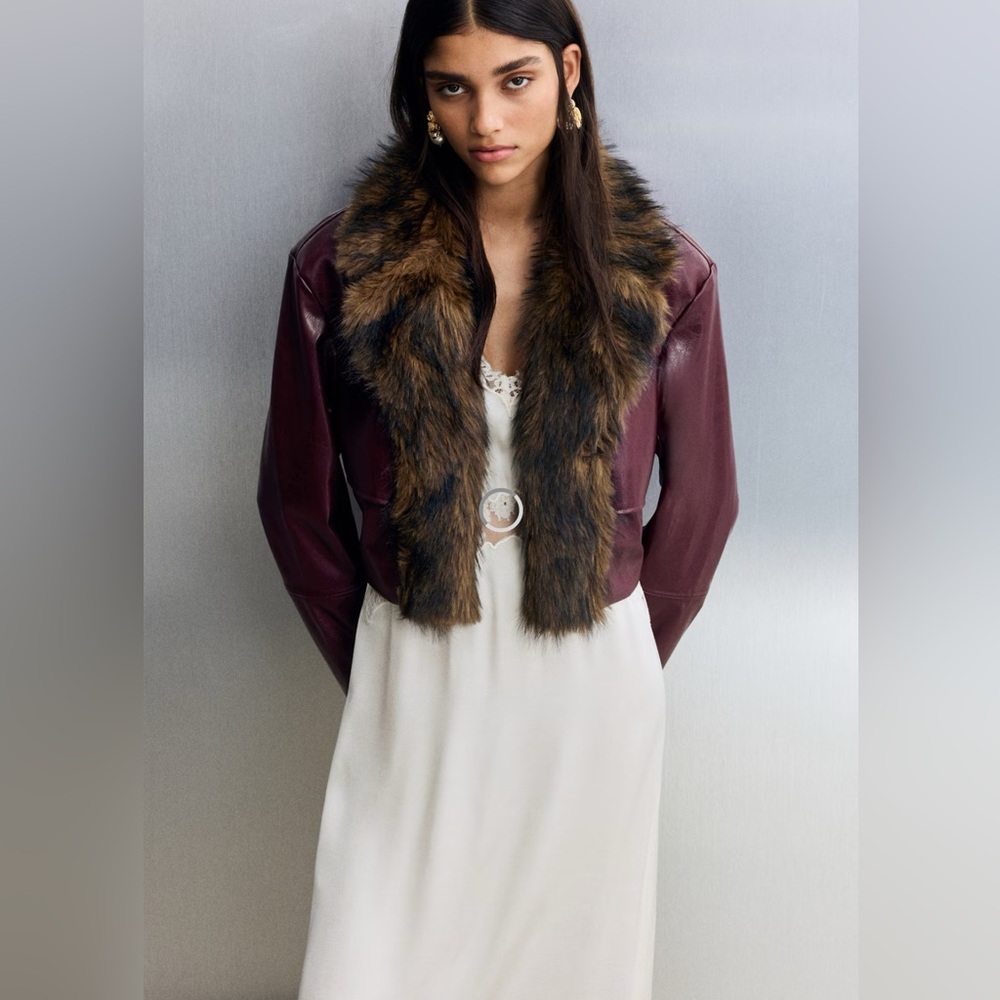 H&M Burgundy Leather Jacket with Faux Fur Collar